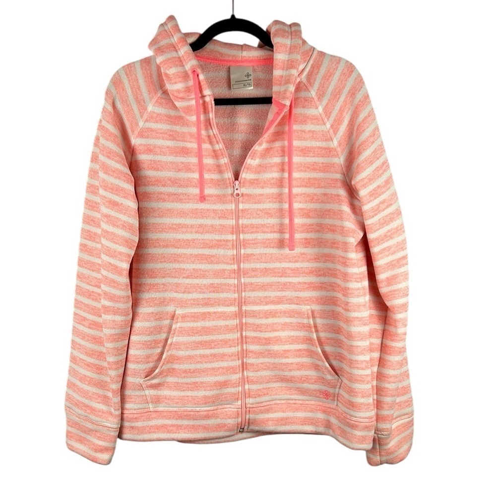 Denver Hayes Casual Athleisure Striped Full Zip Hoodie Pockets XL Coral White